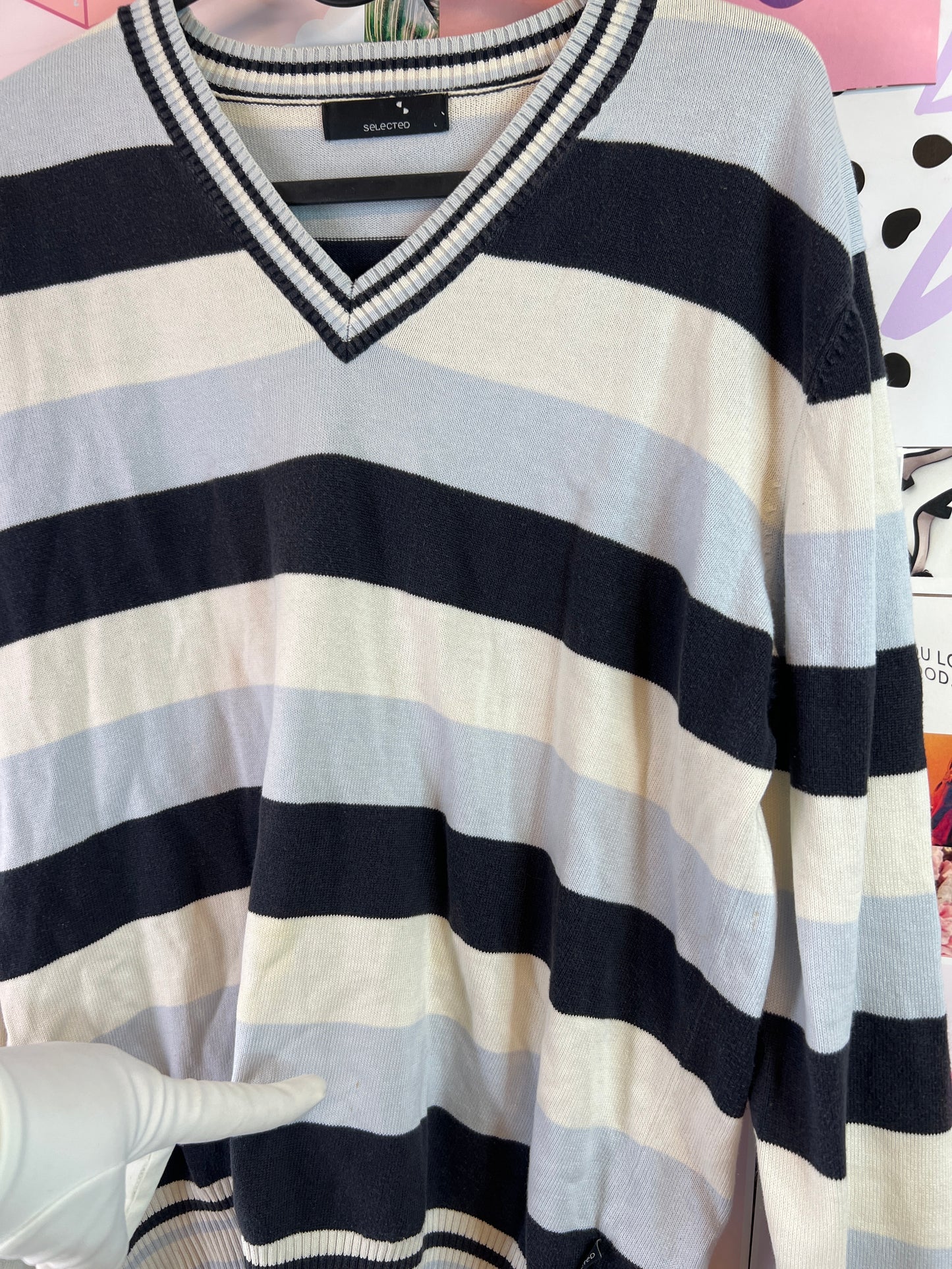 Blue and white sweater
